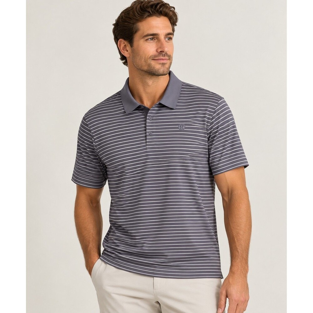 Lululemon Men’s Oasis Polo Shirt L Gray Parallel Stripe Logo Golf Performance